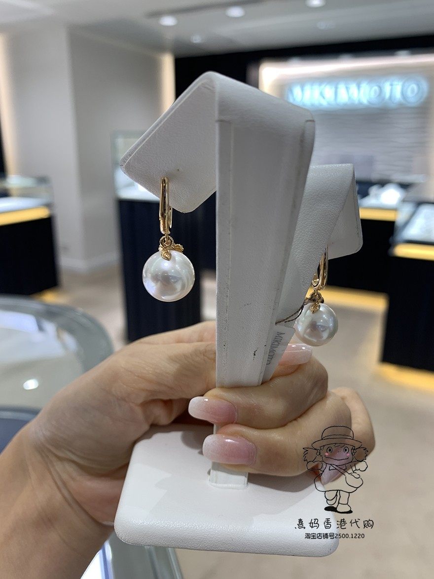 香港mikimoto御木本18k玫瑰金钻石花花南洋白珠女生耳环126mm