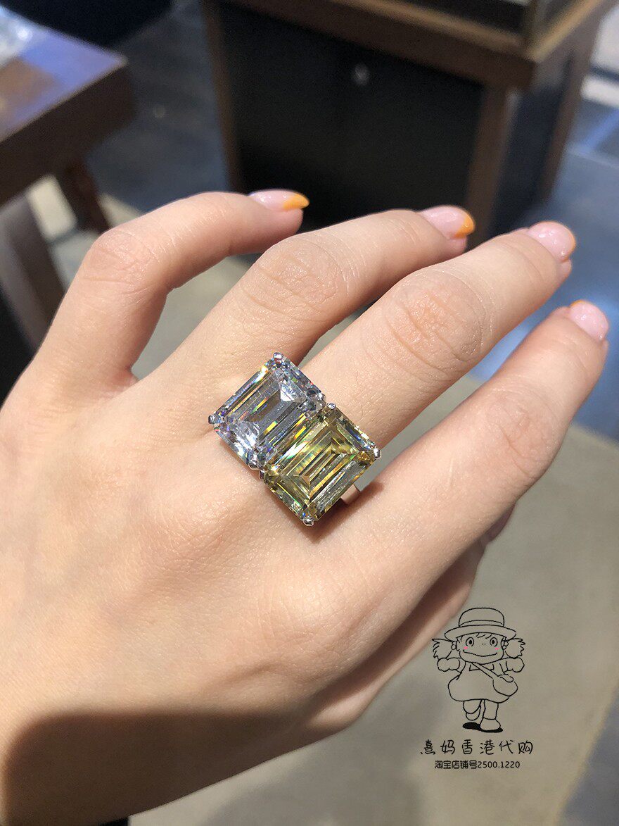 香港西班牙皇室珠宝arte超大白色淡黄色长方形人造戒指