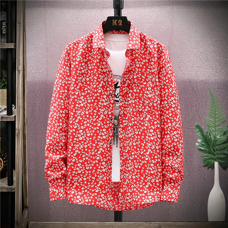 长袖衬衫男春夏季薄款花纹潮牌上衣ins潮流高级感小碎花休闲衬衣