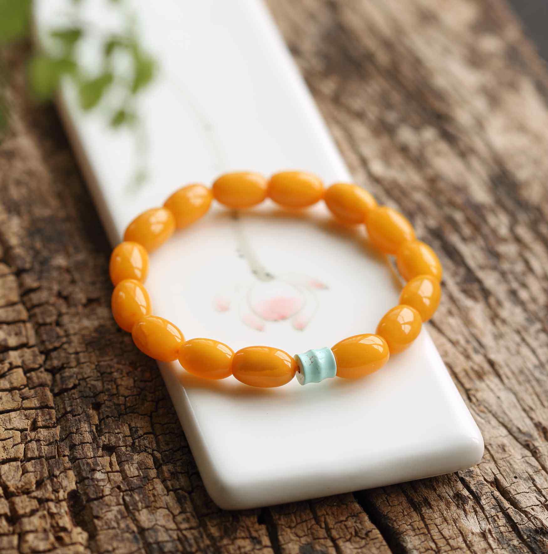 蜜蜡上石清灵天然琥珀鸡油黄老枣珠鼓珠桶手链手串手饰