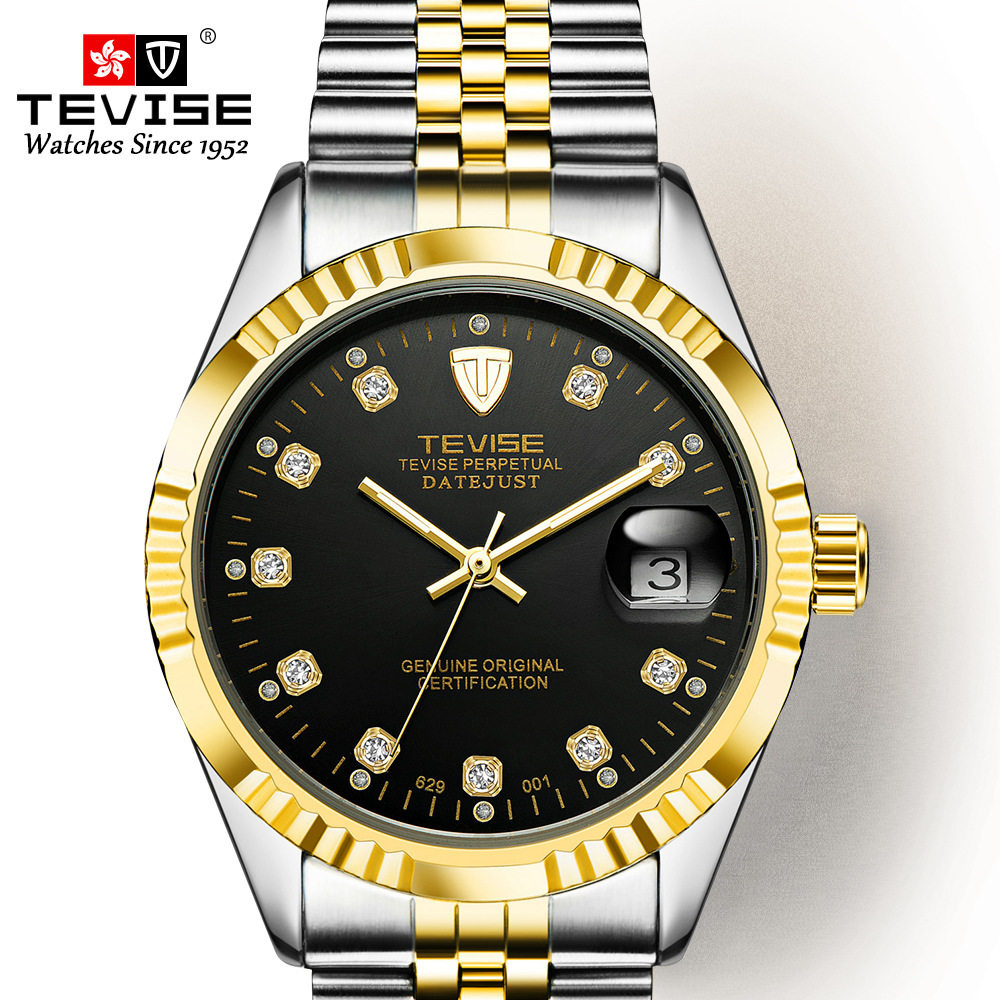 手表tevise防水商务日历简约网红不锈钢表带全自动国产腕表