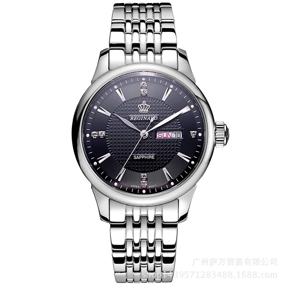 reginald皇冠高档男士石英手表精钢双蓝宝石间金钢带国产腕表