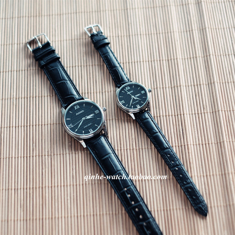 aono奥诺2017款韩版简约休闲星期日历黑色表面女士皮带手表
