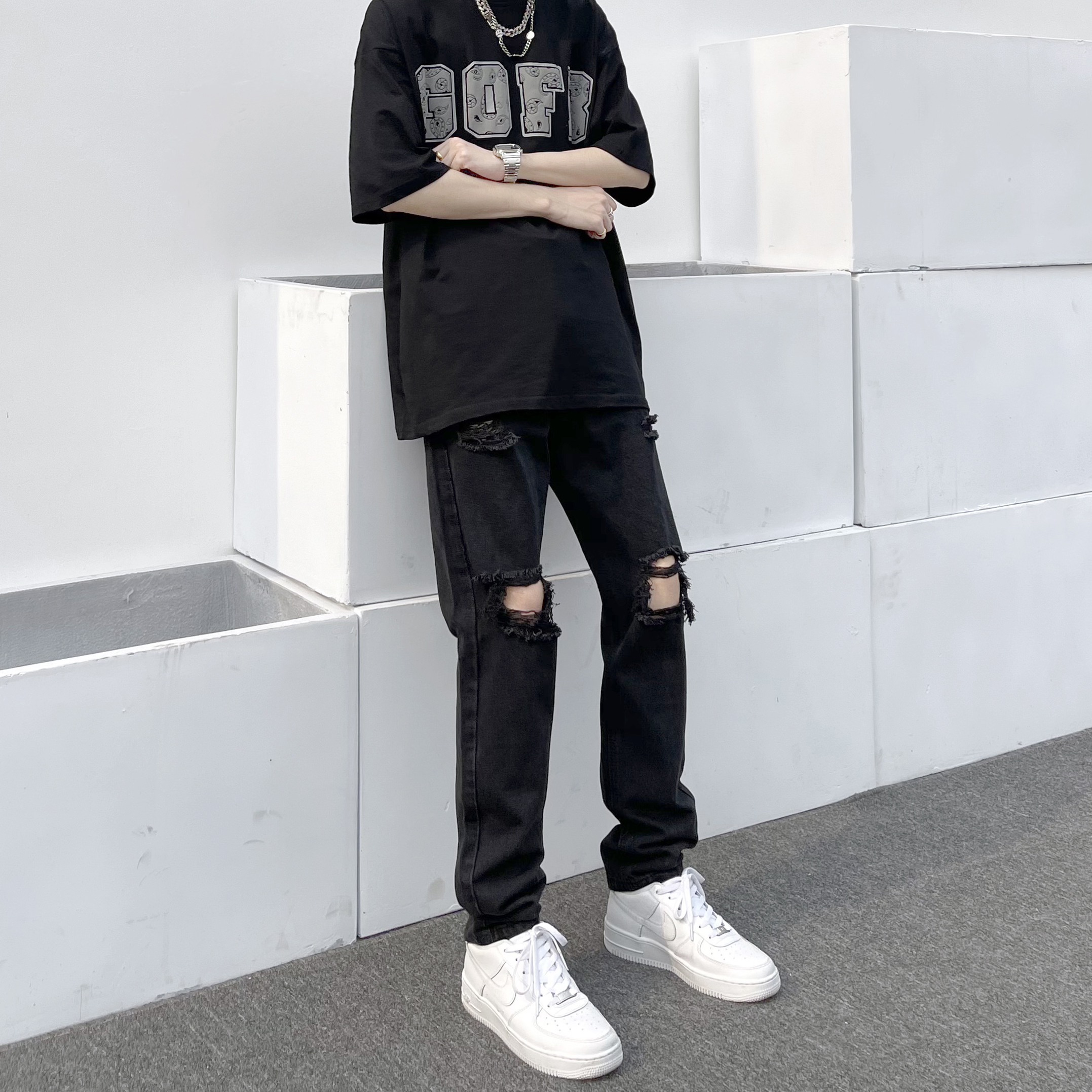 GOFB高街破洞牛仔裤黑色夏季显瘦直筒小脚复古hiphop超破乞丐裤男