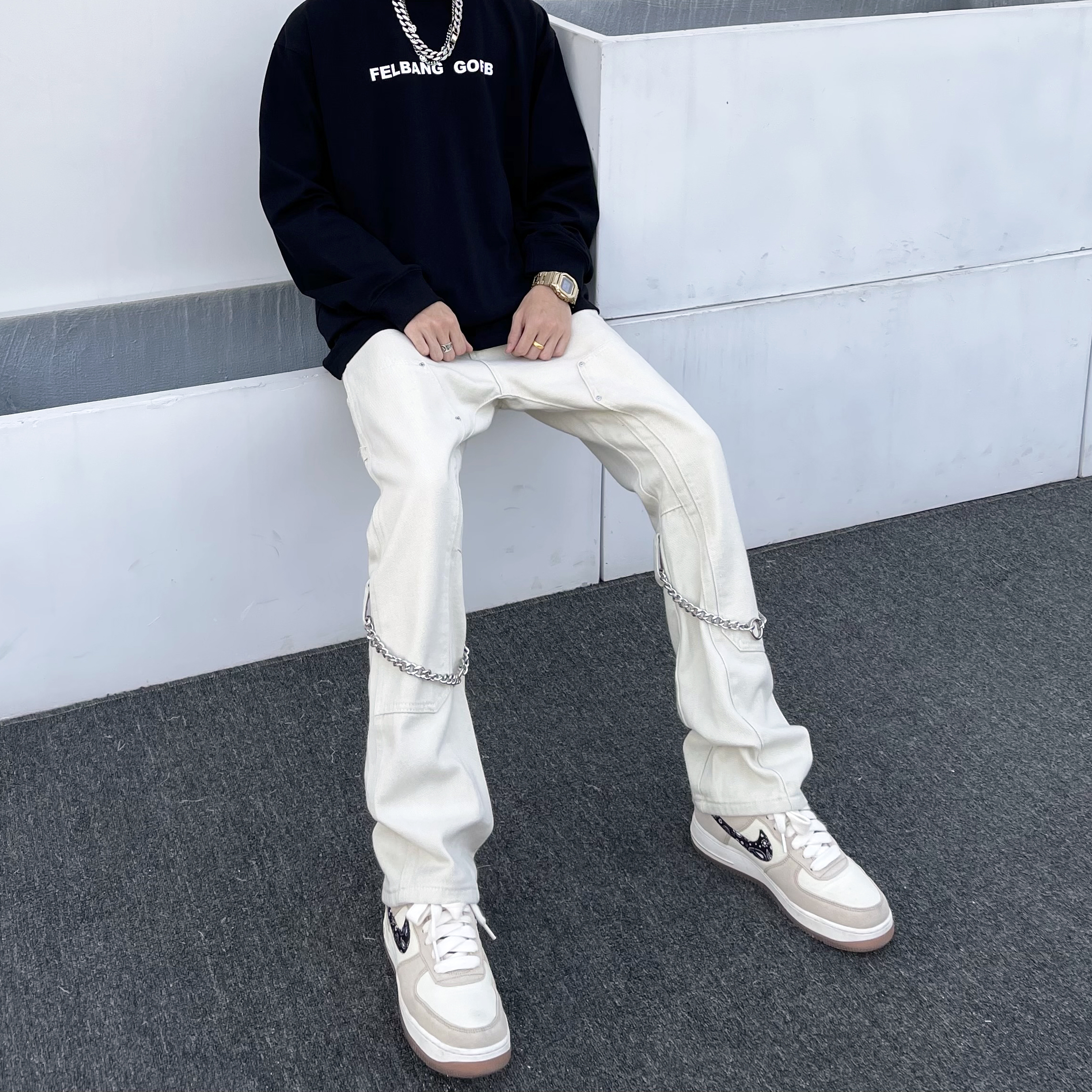 潮WOO专属 设计感小众长裤潮牌直筒链条牛仔裤hiphop炸街白色裤子
