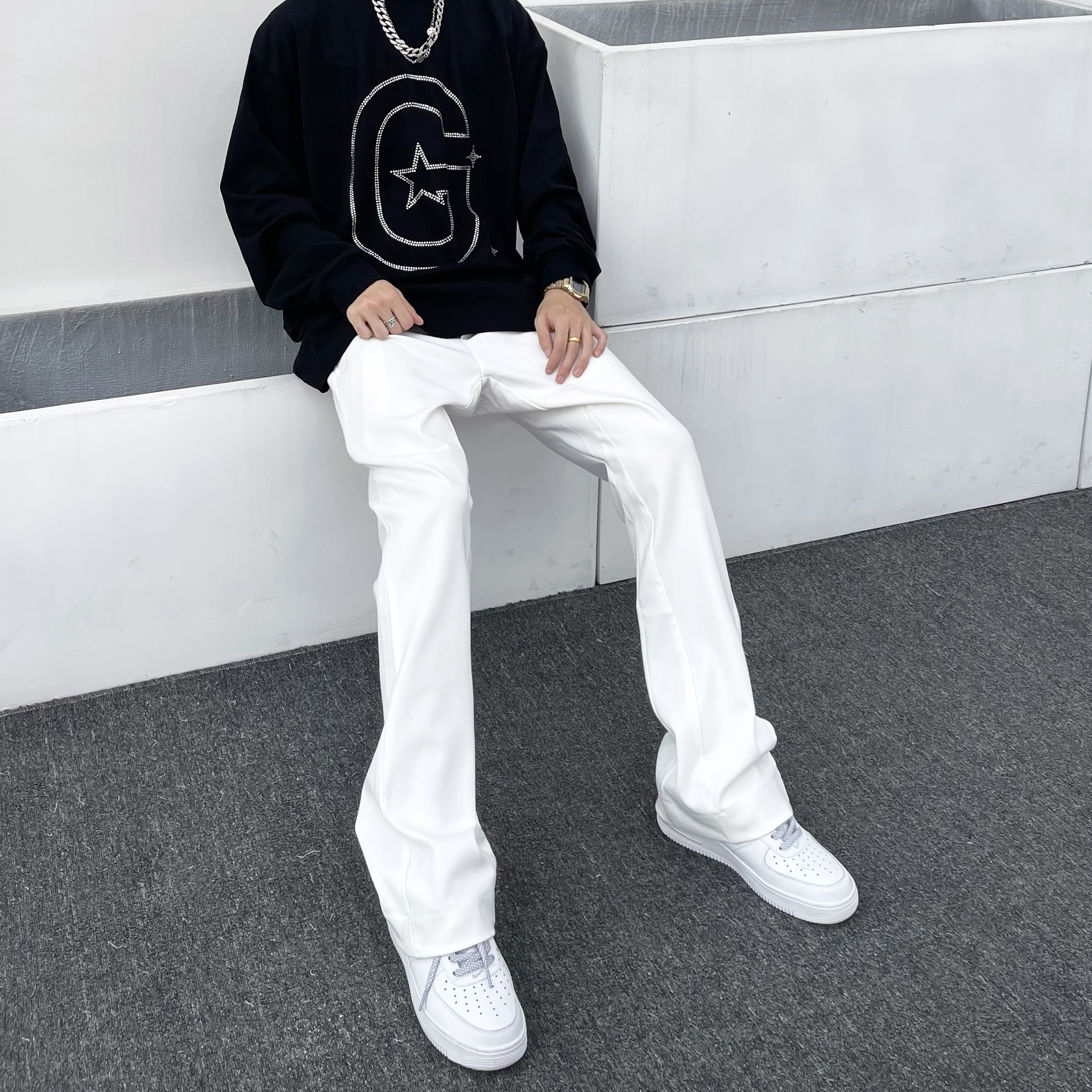 潮WOO专属 坠感白色西裤新款显瘦百搭长裤微喇叭阔腿拖地休闲裤子