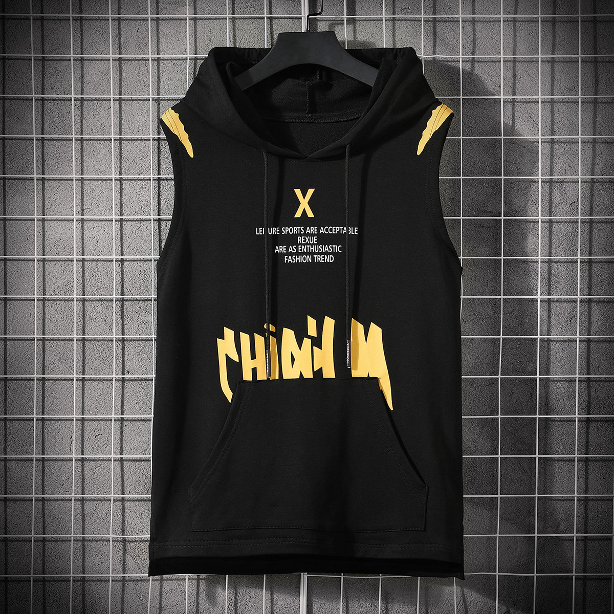 连帽背心男篮球潮牌夏季个性健身马夹潮流无袖卫衣T恤带帽坎肩男