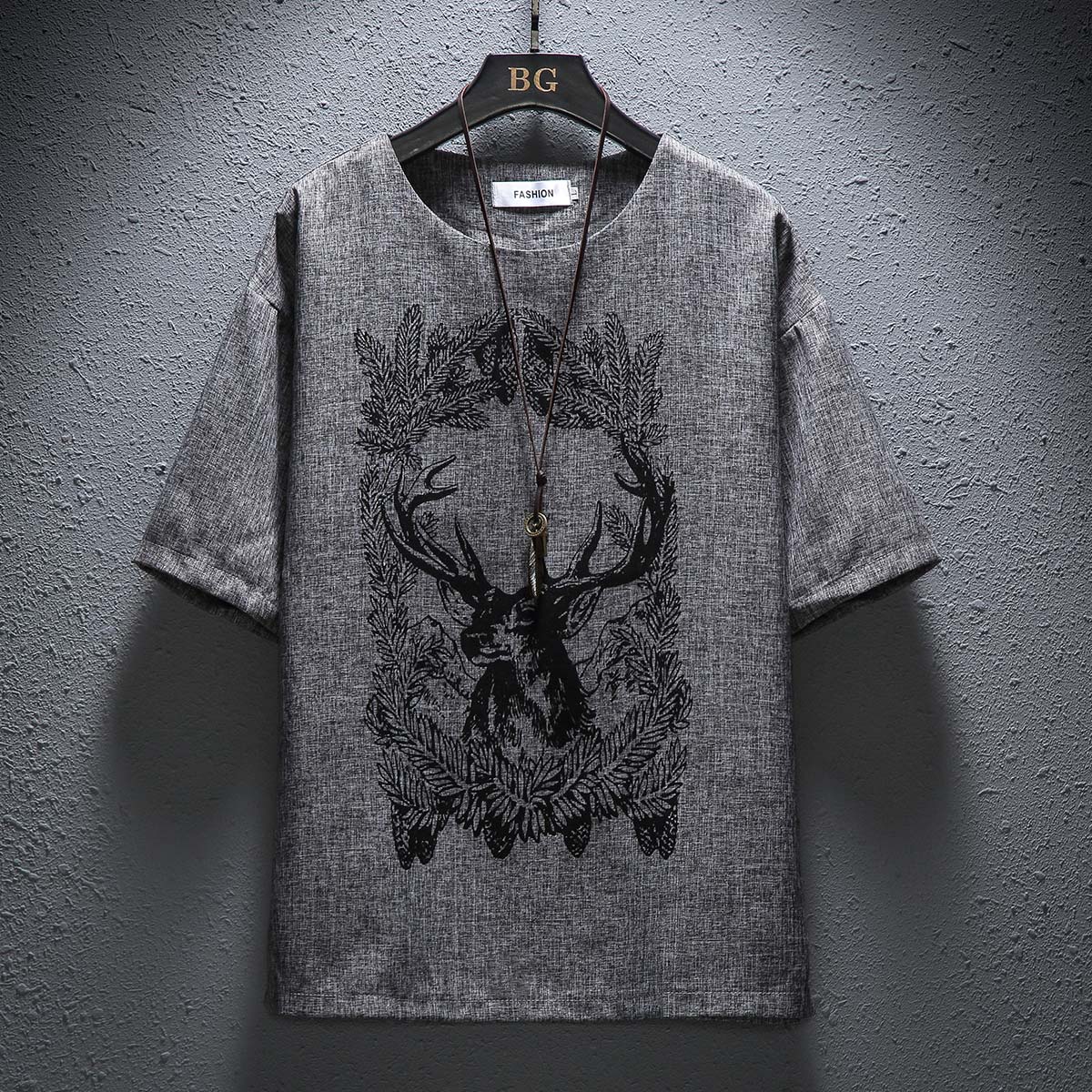 夏季2022新款印花亚麻短袖t恤男士冰感大码宽松棉麻半袖冰丝上衣