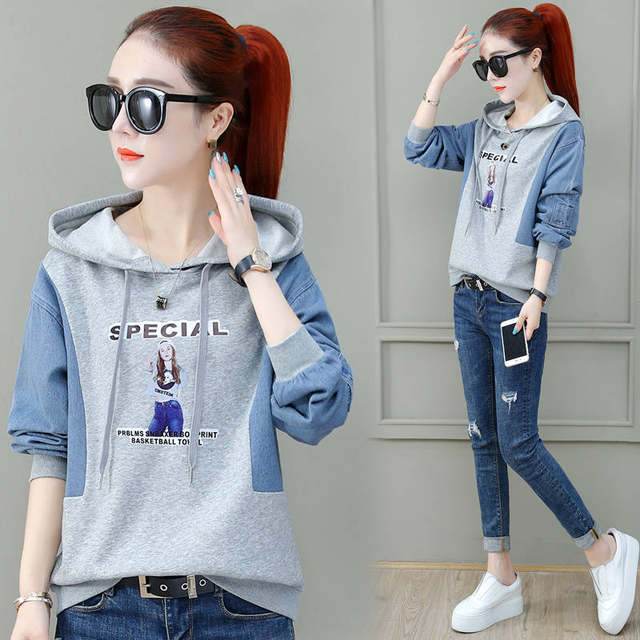 Cowboy stitching plus size sweater women's 2020 new autumn and winter hooded Korean loose top simple short sleeved women Cowboy stitching plus size sweater women's 2020 new autumn and winter hooded Korean loose top simple short sleeved women