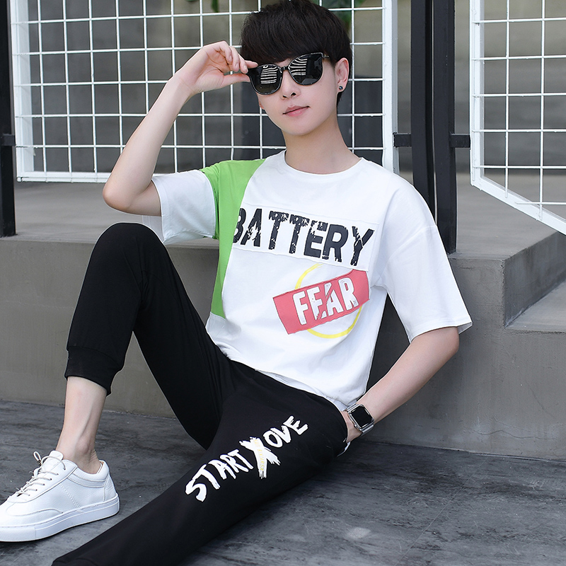 潮流帅气纯棉套装男孩12-15岁初中中学生短袖青少年t恤