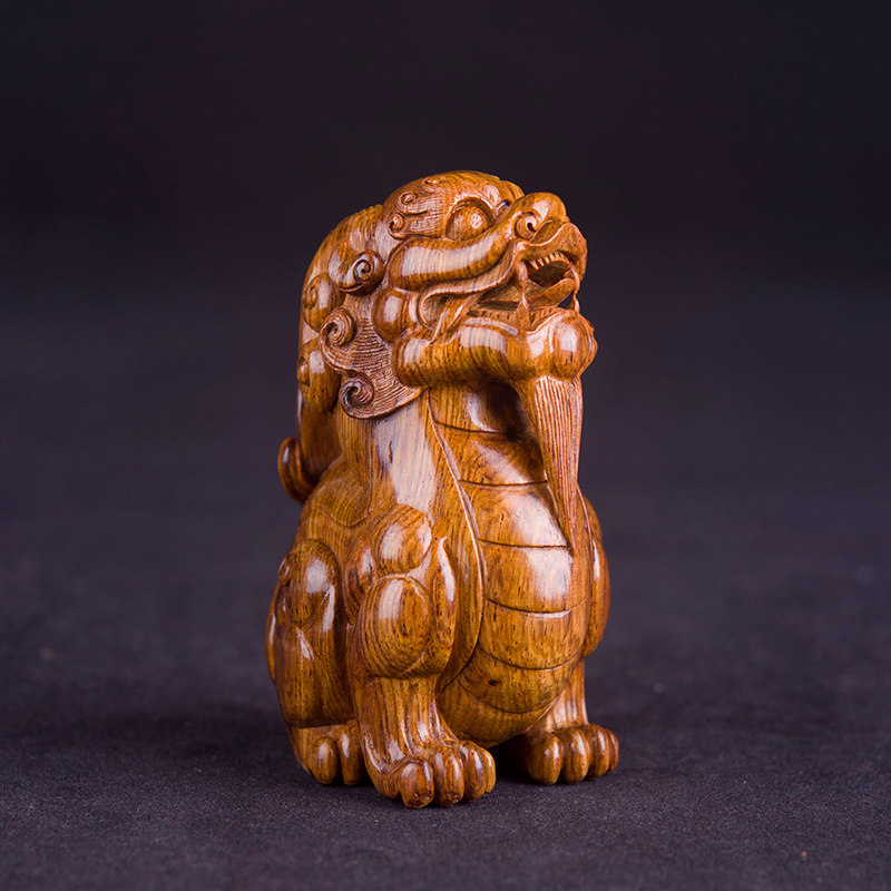 海南黄花梨貔貅手把文玩把玩虎皮纹老料湘雕刻摆件