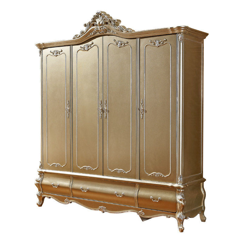 2018新品欧式四门衣柜香槟色实木衣橱奢华别墅衣柜