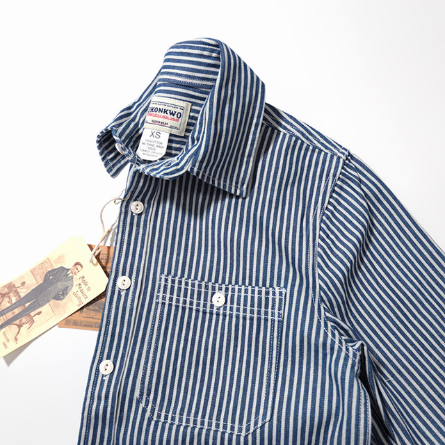 Emomo men and women unisex heavy khaki retro vintage vertical striped long-sleeved shirt tooling Emomo men and women unisex heavy khaki retro vintage vertical striped long-sleeved shirt tooling