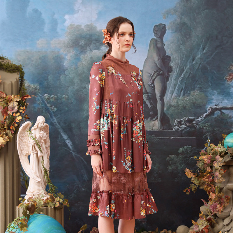 charfen朝峰2021秋冬新款气质显瘦复古印花连衣裙女cfb5g020011g