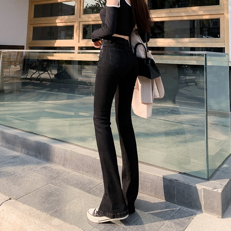 高腰黑色开叉牛仔裤女秋装2021年新款大码胖mm显瘦分叉微喇叭裤子