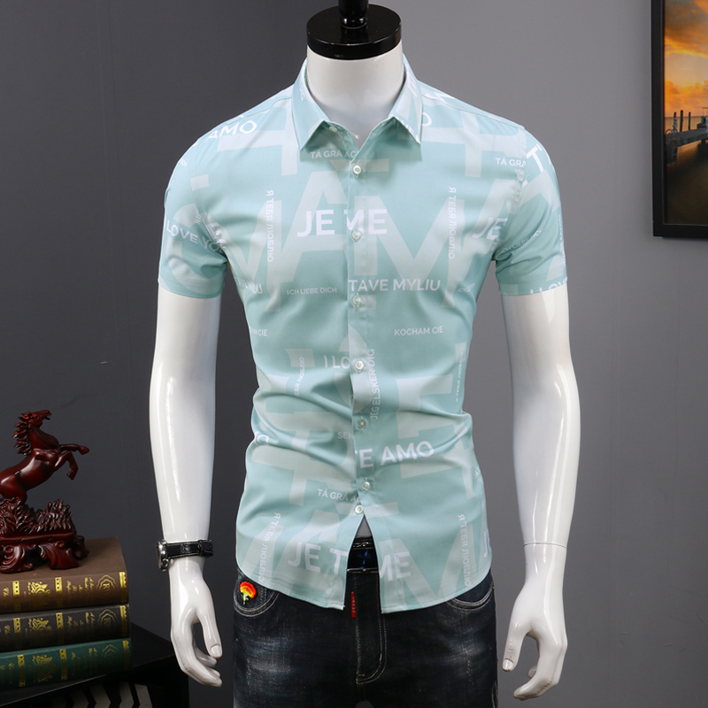 夏季衬衫男短袖修身潮流印花寸衫休闲高级设计感痞帅男士冰丝衬衣