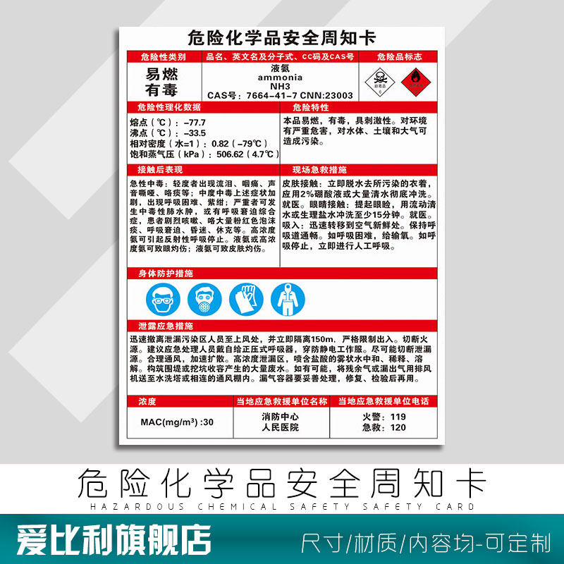 液氨危险源化学品安全周知卡 告知牌易燃有毒腐蚀物质职业危害警示牌