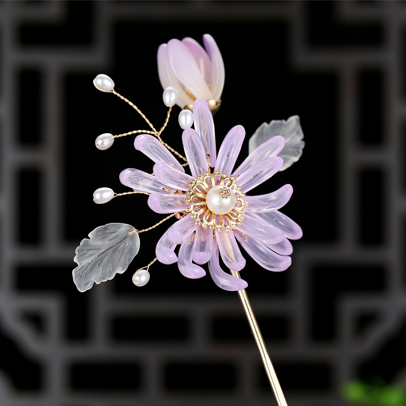 发簪古风简约菊花紫色水晶盘发汉服流苏古装发饰