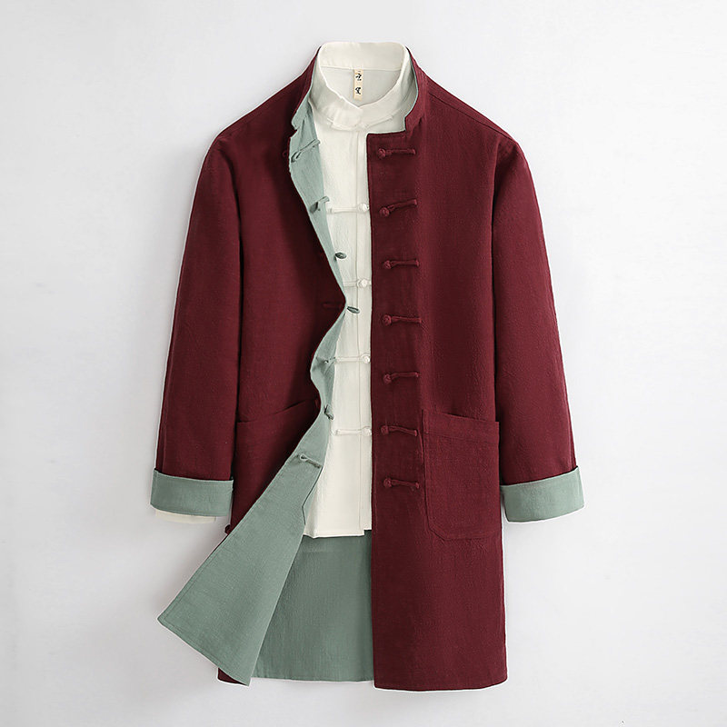 秋冬中国风亚麻唐装男中长款双面穿风衣中式外套复古麻料汉服男士