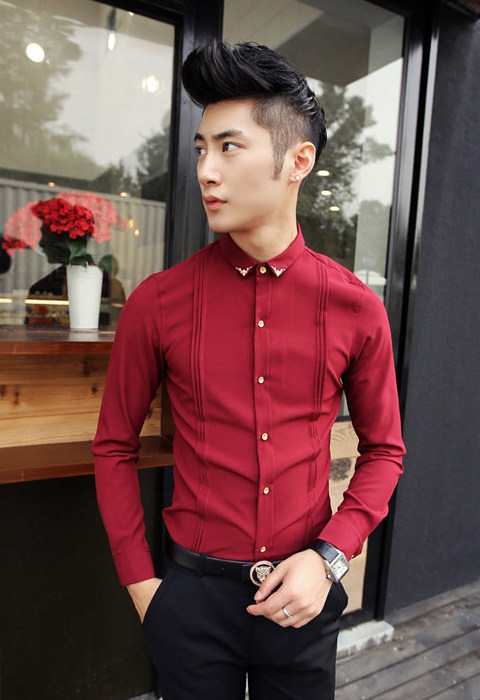 红色衬衣新郎伴郎修身发型师免烫韩版潮流帅气衬衫