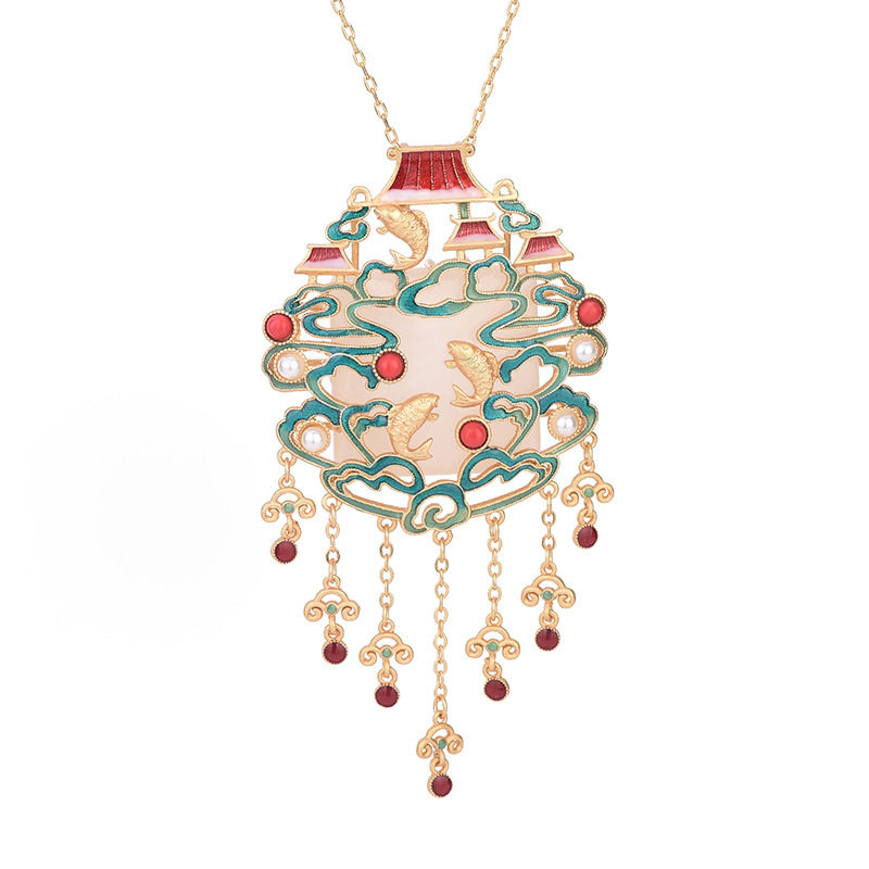 2022秋冬国潮新品配饰古法镀金和田鱼跃龙门流苏项链