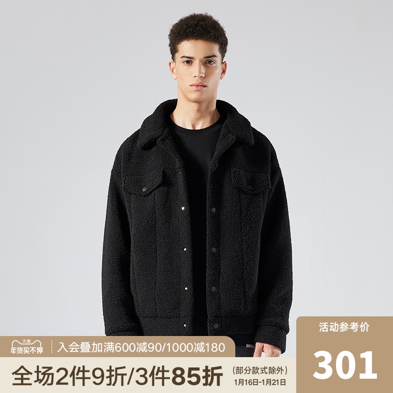 CHINISM CH单排扣翻领羊羔毛夹克男美式潮流纯色简约外套