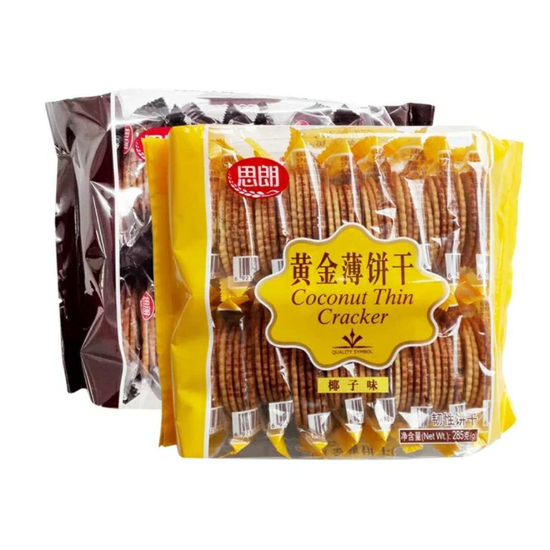 饼干思朗黄金薄饼285g4袋韧性酥脆椰子味黑薄脆饼干