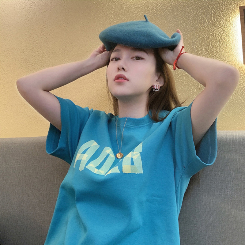 上衣2022女夏季薄款设计感小众宽松薄款蓝色学生潮韩版ins短袖T恤