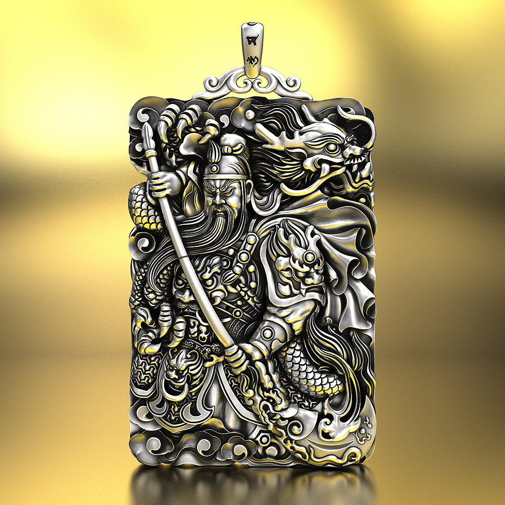 纯银忠义关公实心足银吊坠盘龙设计财神武财神项坠