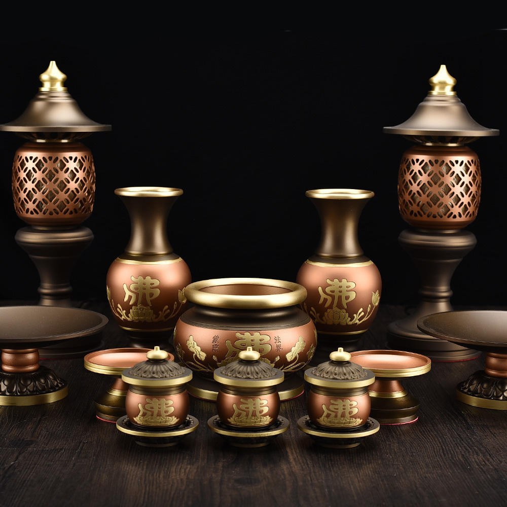 佛前五供纯铜佛具套装佛供水杯插花花瓶香炉摆件