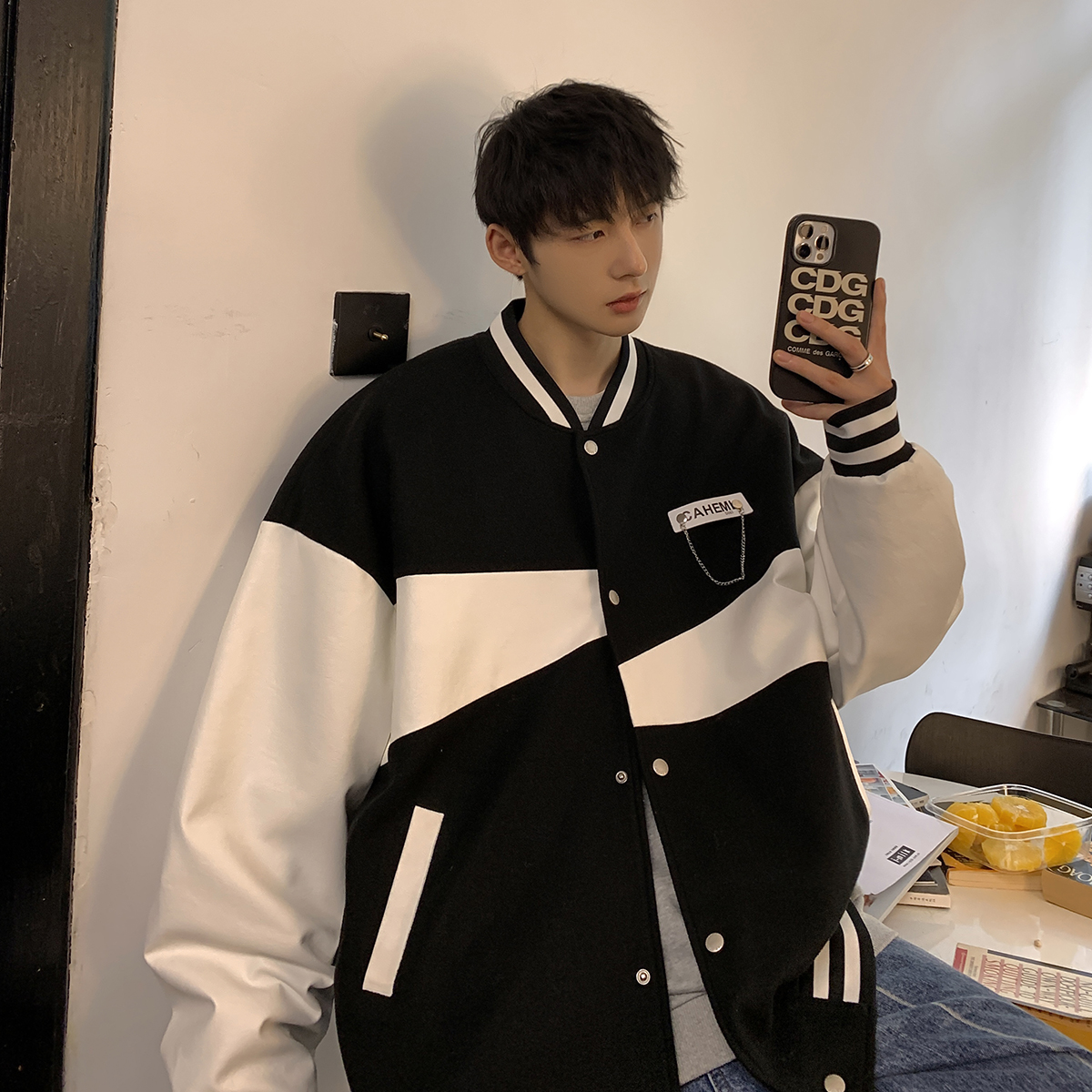 拼色棒球服男春秋潮牌ins港风宽松夹克外套青少年设计感小众炸街