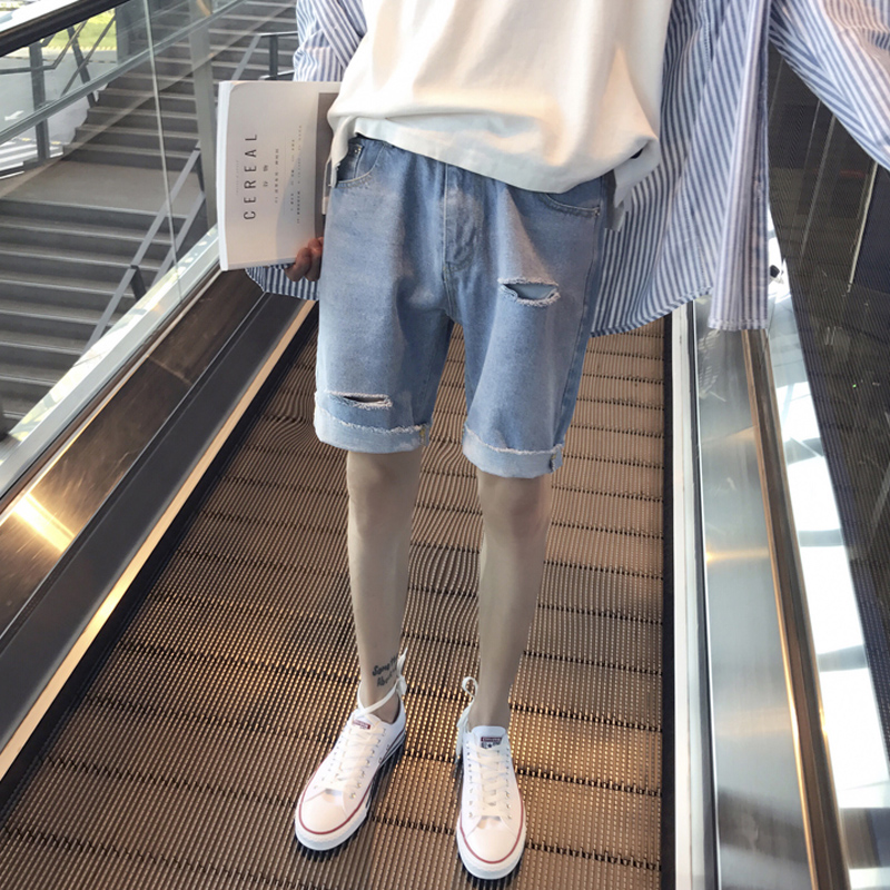 牛仔短裤男潮牌ins五分裤网红裤子潮流夏季破洞3分薄款过膝大裤衩