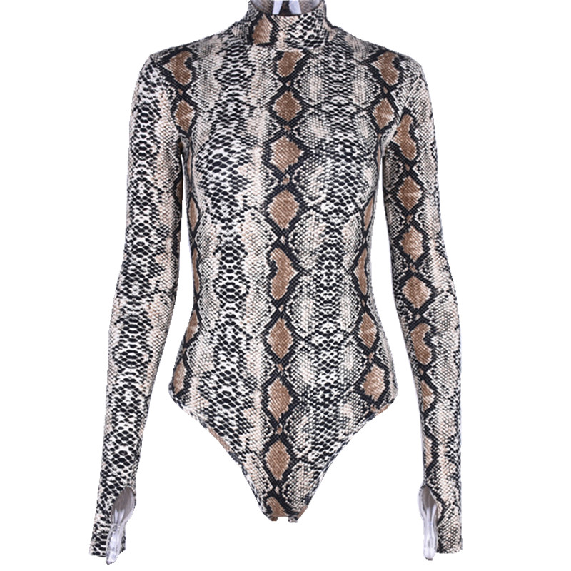 欧美蛇皮纹连体上衣女秋冬高领长手指袖修身显瘦打底t恤bodysuit