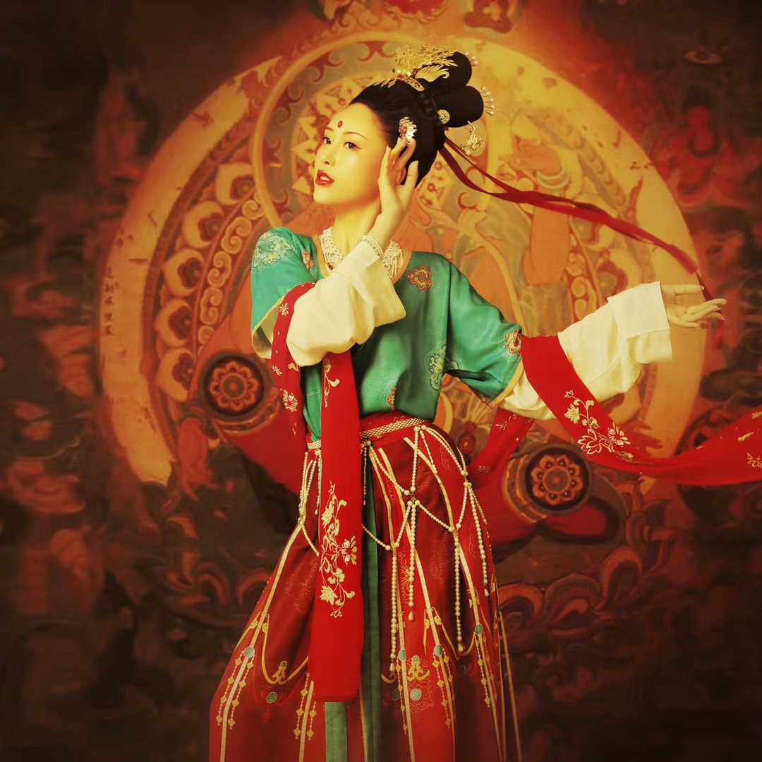 敦煌舞蹈服飞天汉服坦领演出服异域风情服装西域唐制唐乐古装半臂