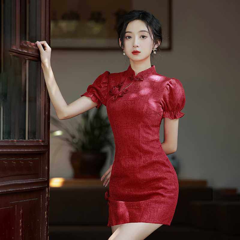 红色旗袍小个子短款敬酒服新娘2022年新款蕾丝法式改良年轻款少女