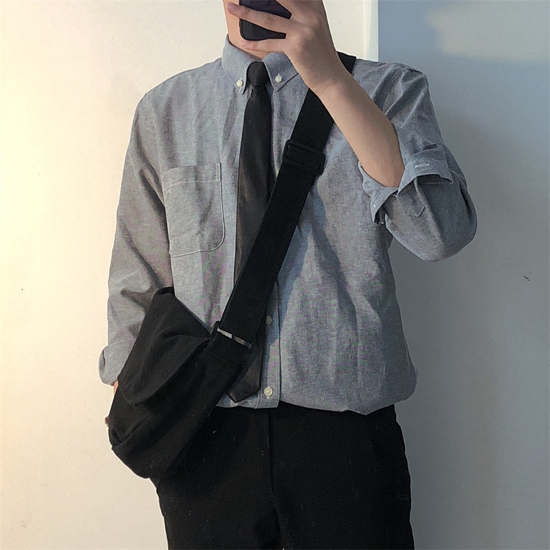 韩版复古经典牛精纺修身衬衫男港风大码长袖休闲情侣衬衣ins纯色