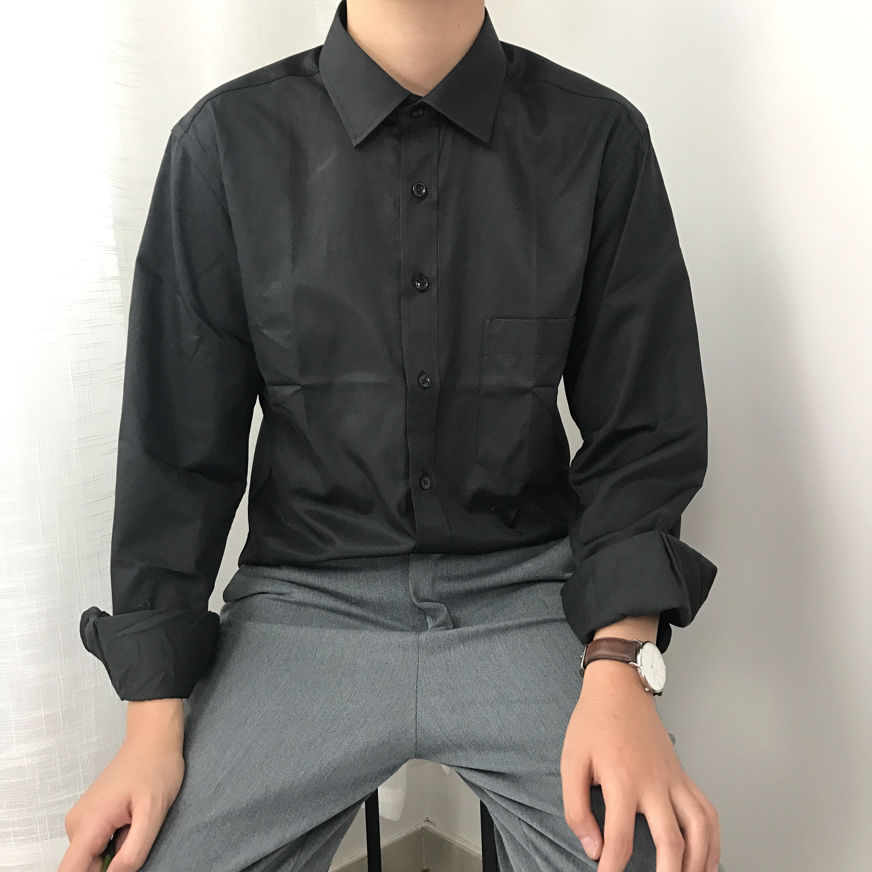 暗黑韩版修身长袖衬衫纯黑商务大码方休闲衬衣衬衫