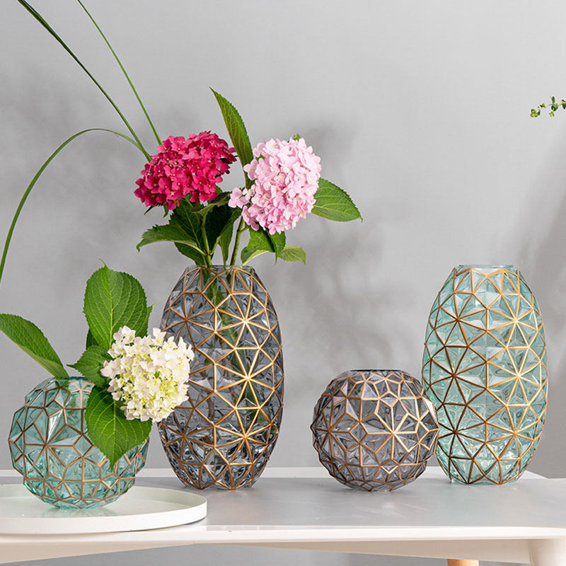 轻奢北欧网红描金玻璃花瓶水养插花鲜花餐厅花瓶