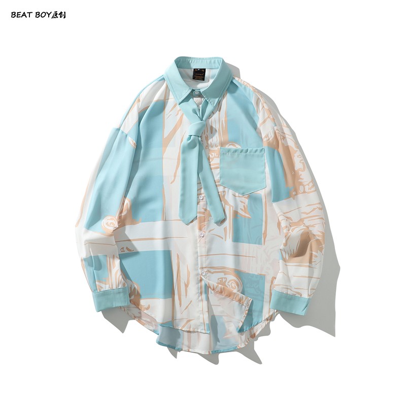 古着Vintage港味几何印花衬衫男韩版气质款领结衬衣长袖防晒外套