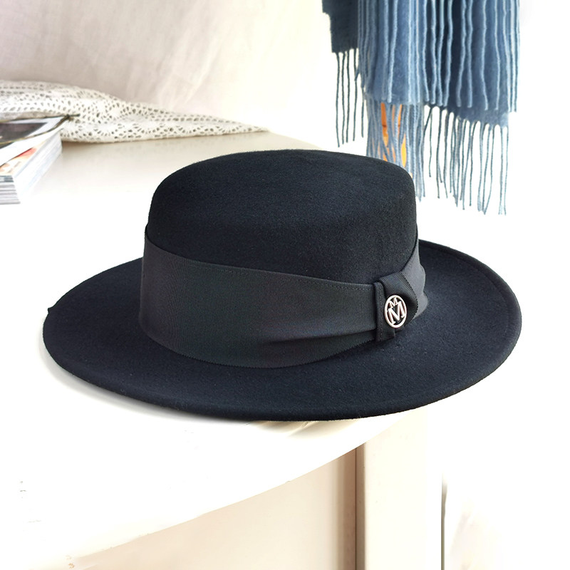 秋冬新品帽子子女法式平顶羊毛毛呢大檐礼帽帽子