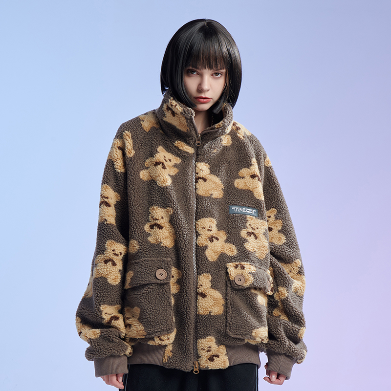 tnqttourniquet潮牌满印可爱小熊贴袋羊羔夹克