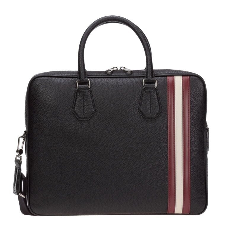 bally巴利男包手提包公文包男款奢侈品包黑色徽标红白条纹拉链
