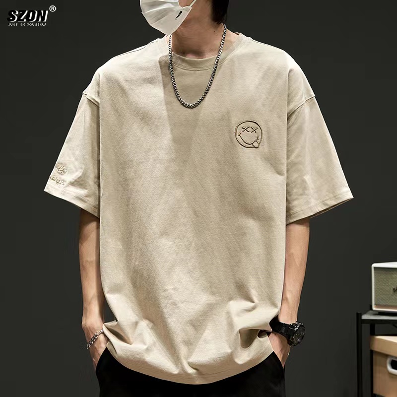 短袖t恤男日系简约笑脸刺绣半袖潮流百搭体恤美式纯棉重磅五分袖