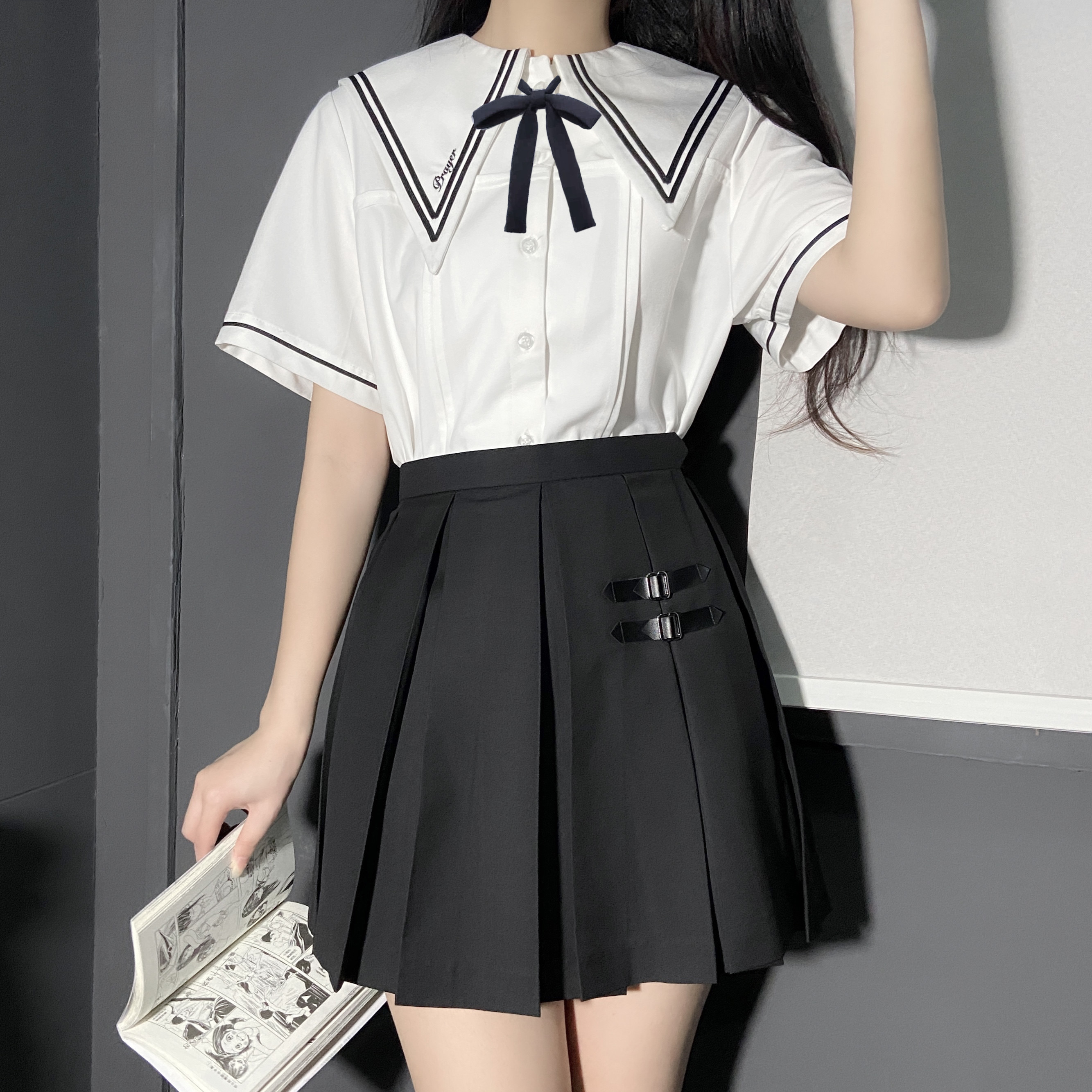 活动祈祷者纯色白褶裙半身中部箱褶高中部女子星狩半身裙