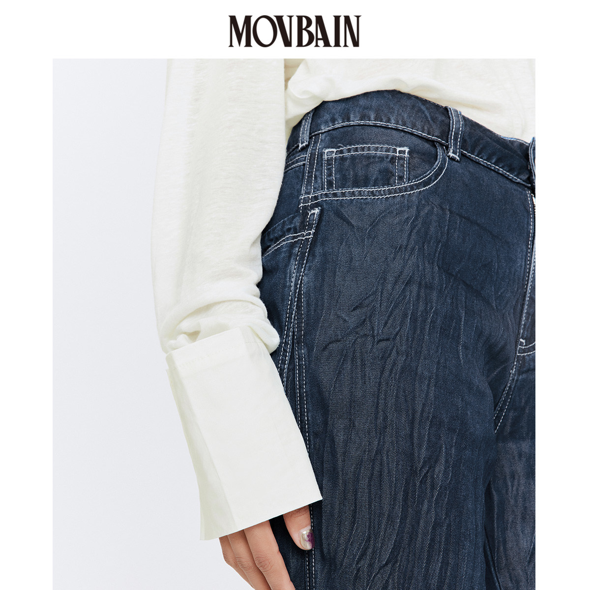 movbain毛边女孩100莱卡面料夏季轻薄压皱天丝牛仔裤