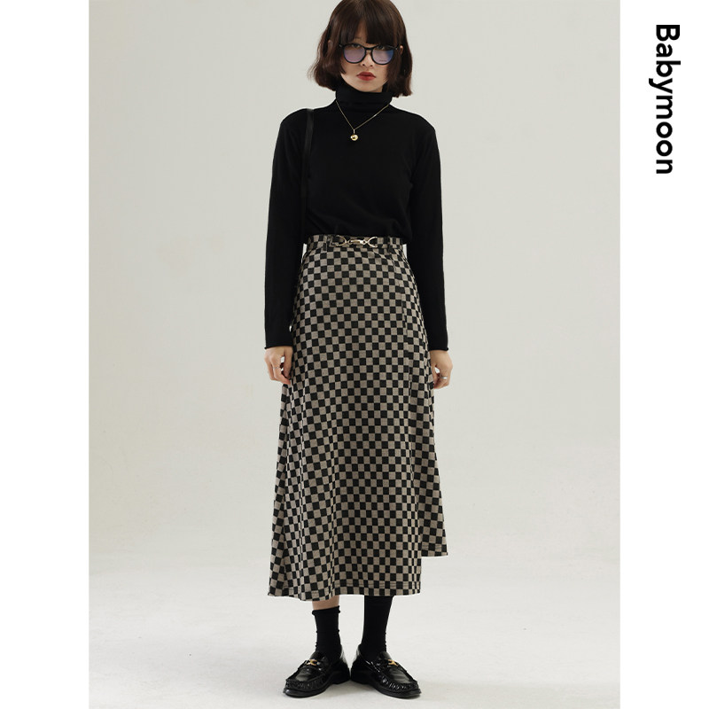 babymoon 棋盘格半身裙宽松裙子针织格子裙复古设计感长裙女秋装