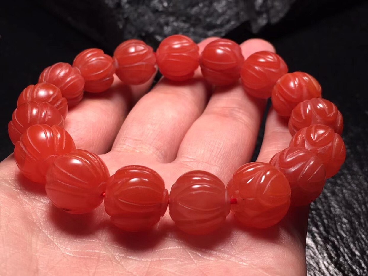 保山南红玛瑙雕刻莲花花珠手串满色满肉单圈圆珠手链