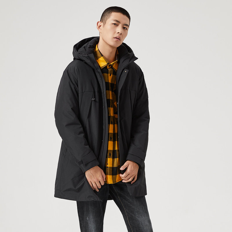 大千世界 男装 黑鲸 中长款连帽羽绒服男2020冬季新品白鸭绒羽绒外套