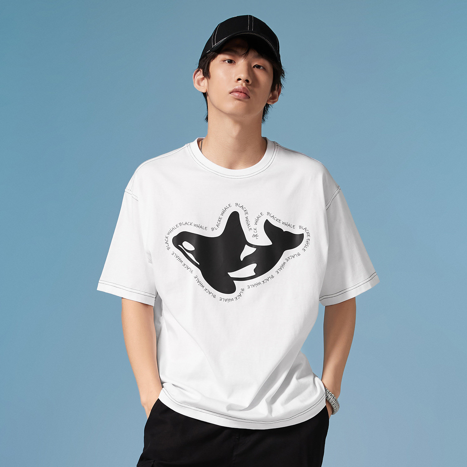 黑鲸鲸鱼印花短袖恤男2022年夏季新品休闲宽松t恤