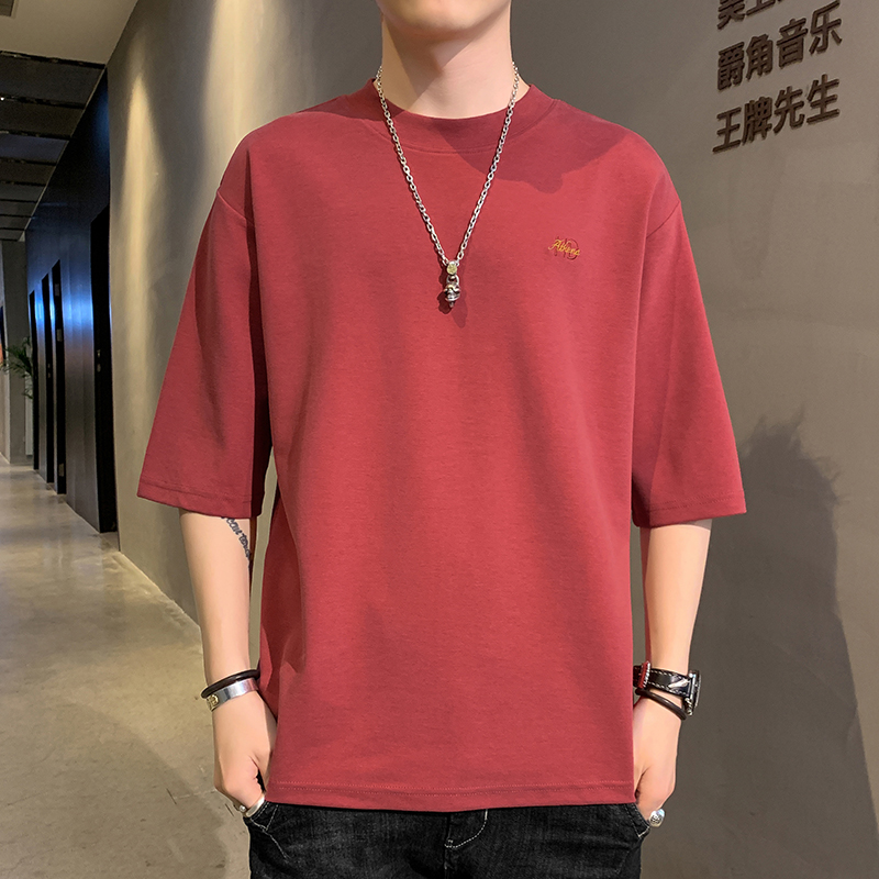 男士短袖t恤圆领宽松七分袖夏季新款打底衫潮牌休闲半袖体恤上衣
